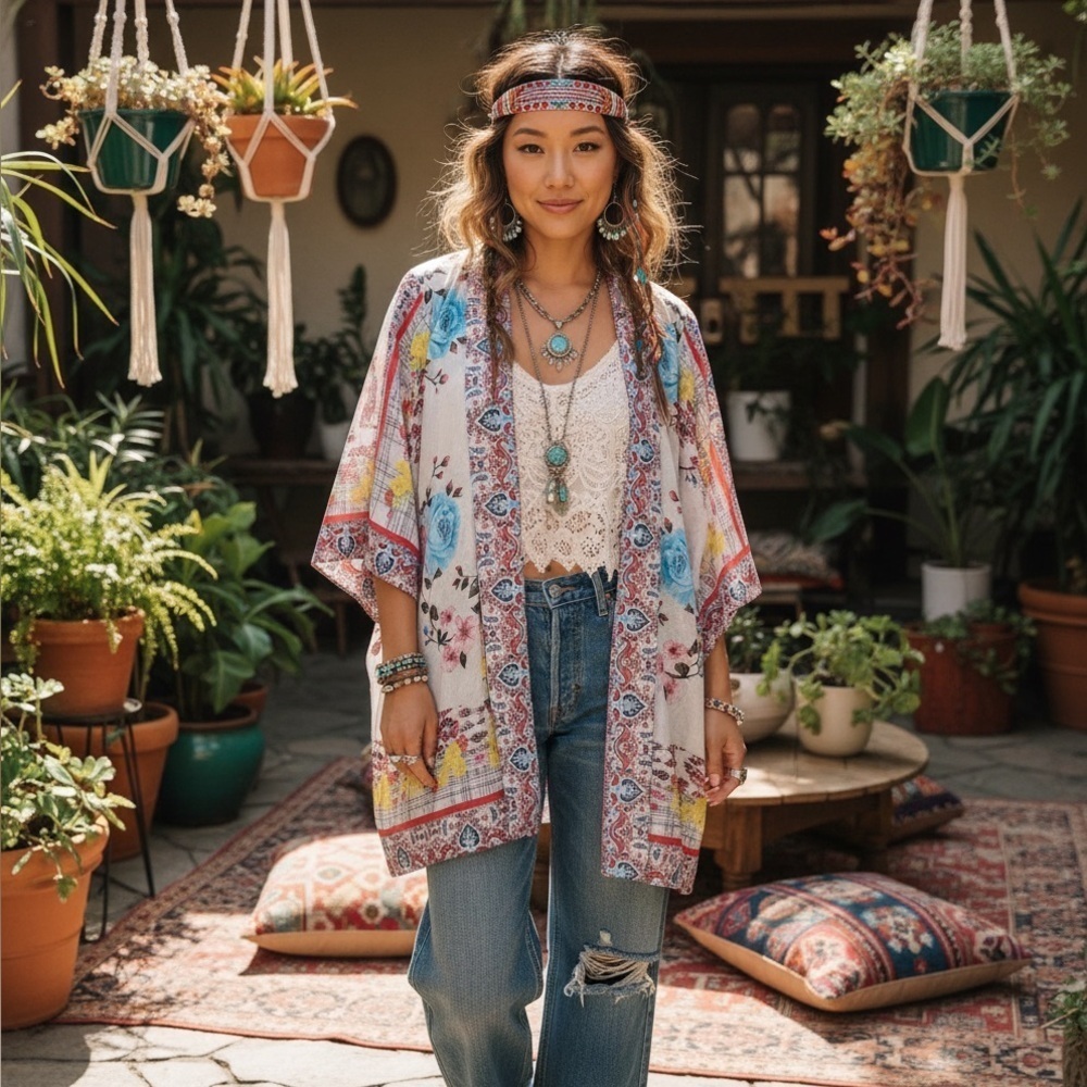 Floral Multicolor Patchwork Boho Sz M/L Open front Women's Kimono Jacket